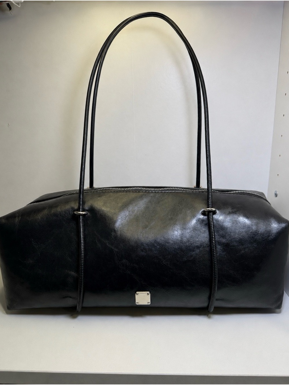 Black Faux Leather Shoulder Tote